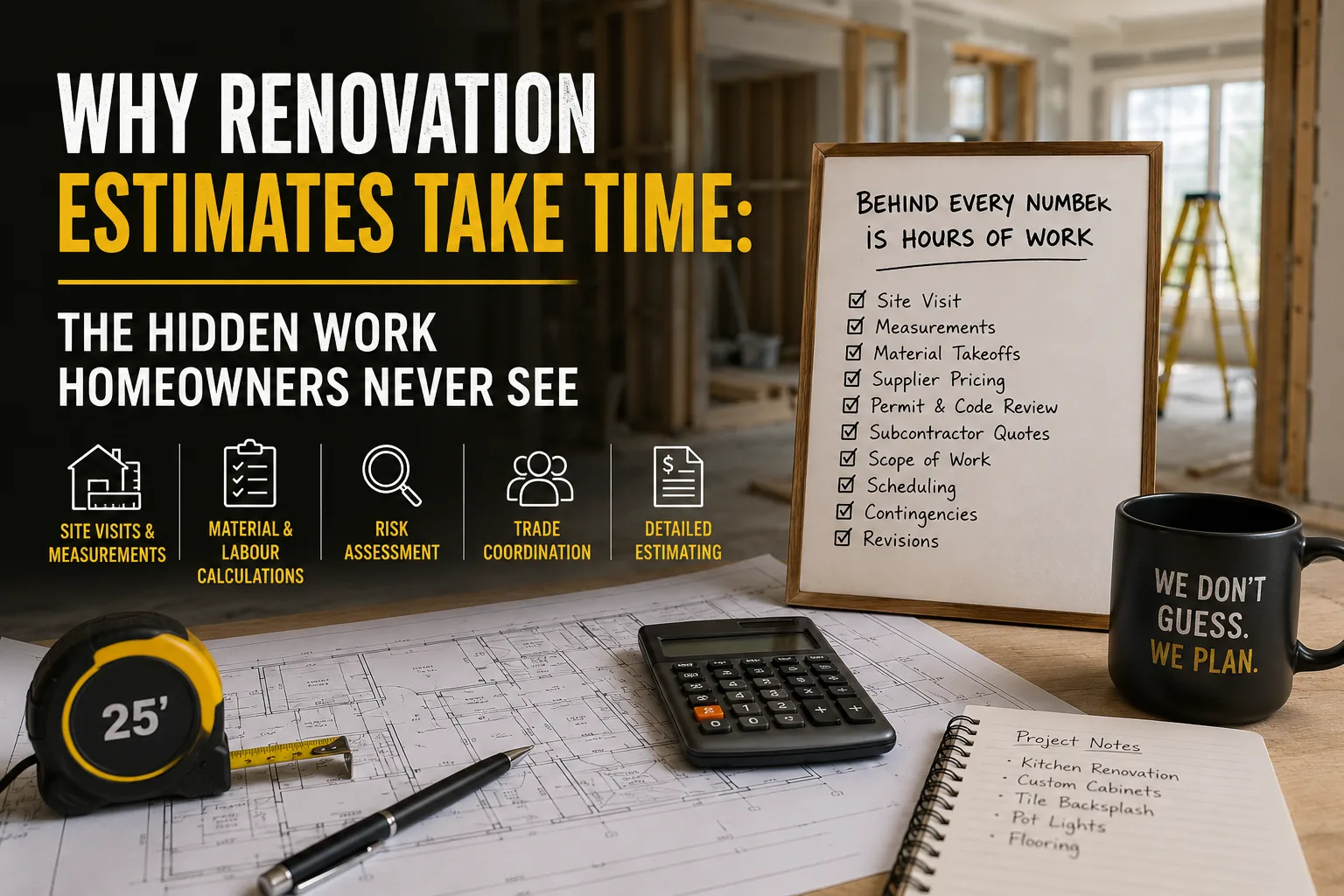 Contractor preparing a Calgary home renovation estimate with plans, measurements, calculator, and project documentation.